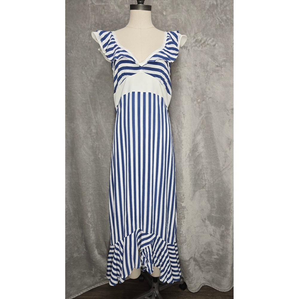 Larke Striped Maxi Dress Womens 10P V Neck‎ Nautical Coastal Preppy Lightweight